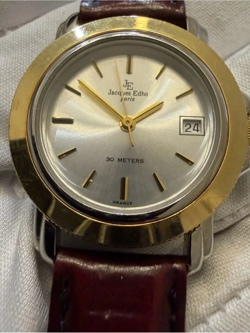 Vintage Jacques Edho Paris 30mm Two Tone Quartz Date Watch 18K Gold Plated JE790